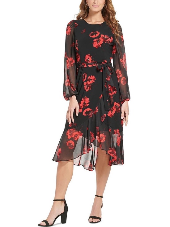 Tommy Hilfiger Dresses & Skirts - Tommy Hilfiger - Chiffon Black and Red Floral Print Midi Montreux Dress, Size 10
